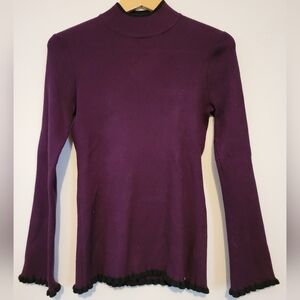 Calvin Klein Mock Neck Ribbed Sweater with Contrast Color Lettuce Edge Trim